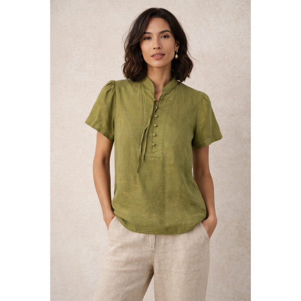 Carol Little Olive Green Linen Blouse Button Front Mandarin Collar Boho M